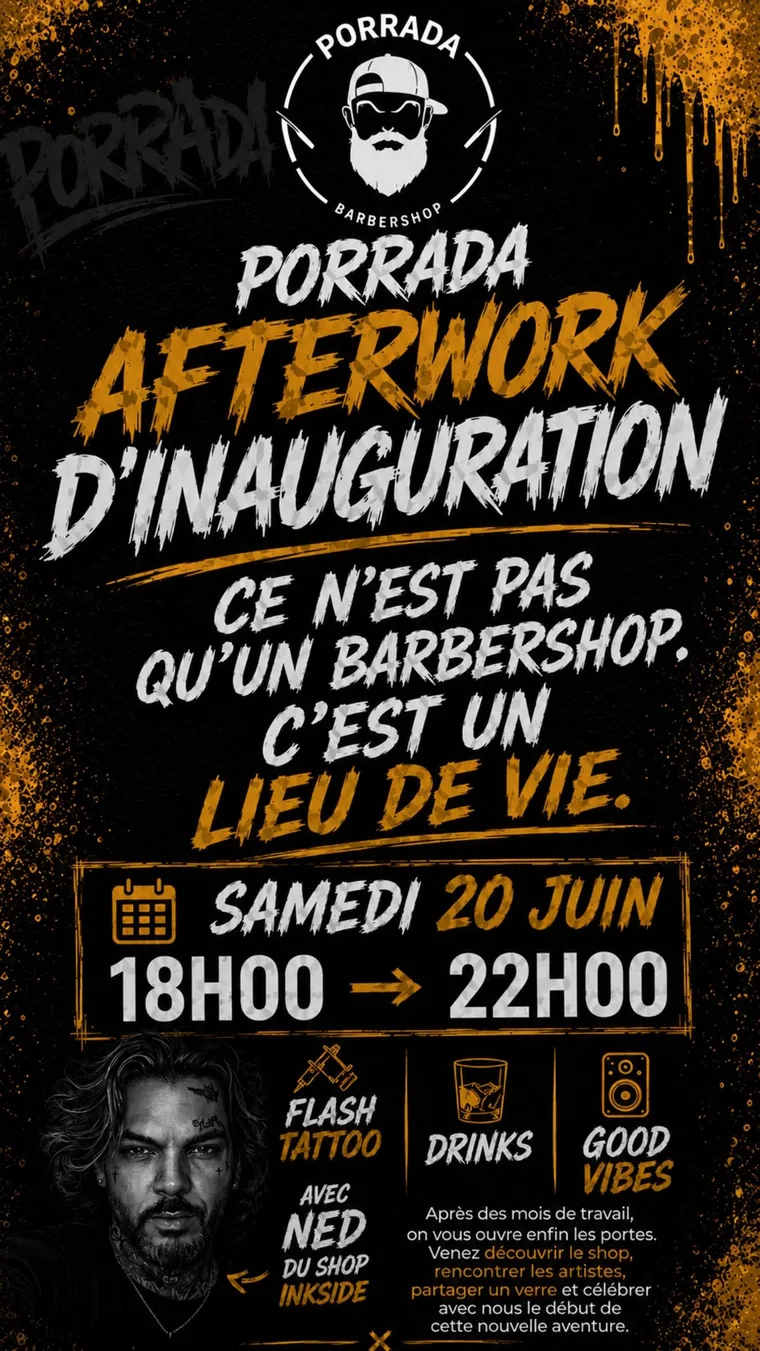 Affiche de l'afterwork d'inauguration Porrada Barber Shop — samedi 20 juin, 18h à 22h, flash tattoo, drinks, good vibes