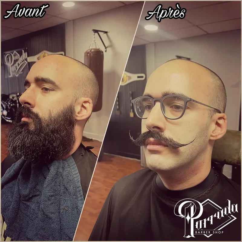 Avant/après : de la barbe pleine à la moustache sculptée en guidon — Porrada Barber Shop Biarritz